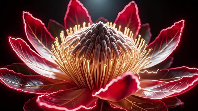 Neon Protea Flower Blooming with Cinematic Glow on Black Background