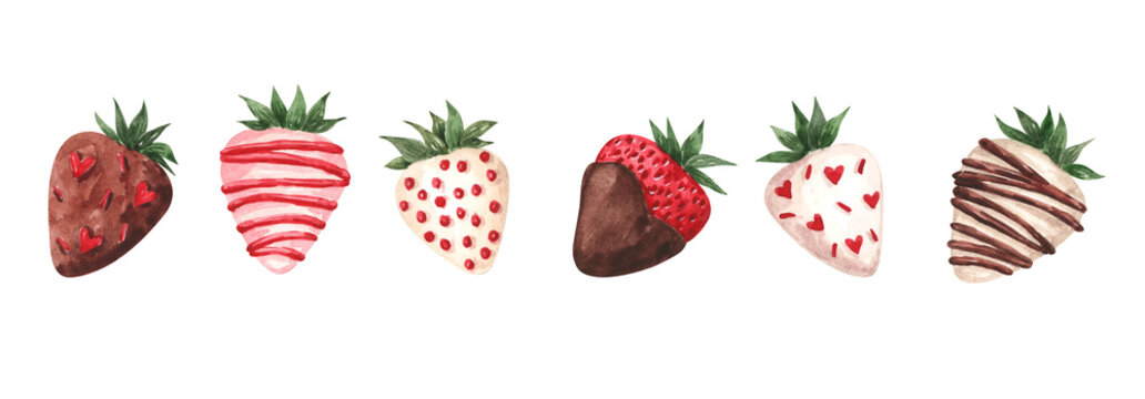 Watercolor set of strawberries covered in chocolate. Hand drawn illustration for Valentines day