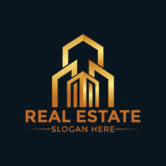 Golden Luxury Real Estate Logo Icon with Buildings and Text "Real Estate" - Modern Corporate Identity