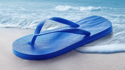 Naklejka premium Blue flip-flop on sandy beach with ocean wave background, summer vacation and beachwear concept