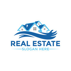 Modern Real Estate Logo with Houses and Blue Waves - Clean Design for Property Business Branding
