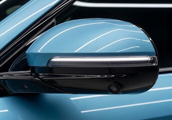 Glossy blue metallic side mirror of a premium new generation car, featuring modern LED signal and surround view camera technology, high-end automotive design detail in crisp light
