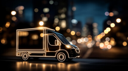 Glowing outline of delivery vehicle against blurred background, logistics and transportation symbol, illuminated truck silhouette, freight industry concept, supply chain