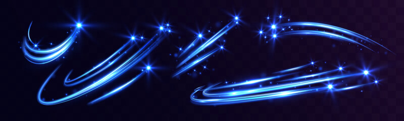 Abstract blue glowing light trails with sparkles on dark transparent background.  © NAUM