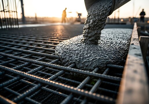 Pouring fresh wet concrete mixture onto a dense steel rebar grid mesh at a commercial construction site, heavy foundation work during a stunning golden hour sunset