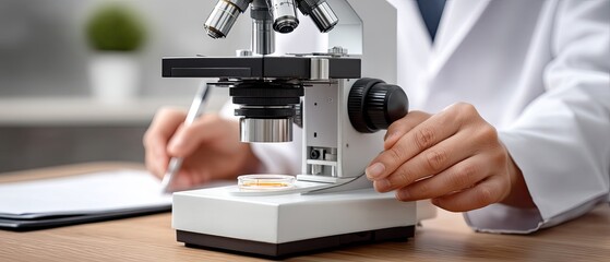 Scientist focuses on magnifying lens while working in lab with advanced tools during research and development on samples