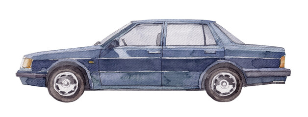 Hand-Painted Watercolor Illustration of a Blue Vintage Sedan Car: Side View Isolated on White Background © RisingSun