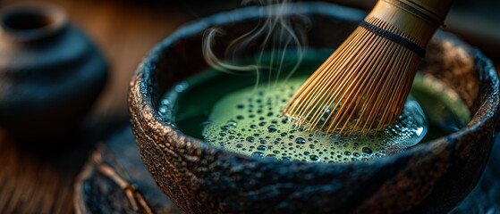 Macro view of traditional Japanese tea preparation with matcha whisk and bowl in a kitchen setting