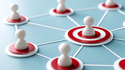 Wooden squares show people icons linked by lines in a network around a target design on light blue surface