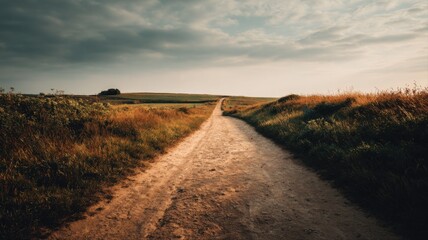 Obraz premium Scenic Countryside Road Leading to Horizon Under a Dramatic Sky, Perfect for Travel and Adventure