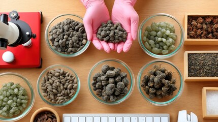 Scientist holds dried hibiscus flowers while preparing a tea mix using various loose leaves for medical studies at a desk