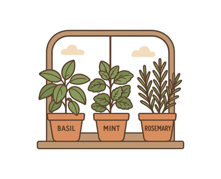 Flat vector illustration of potted herb trio on windowsill basil mint rosemary soft earth day cozy eco style