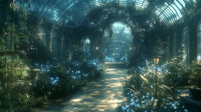 Enchanted fantasy greenhouse garden background with a mysterious glowing path concept for a fairytale movie, relaxing spa video, and book promo