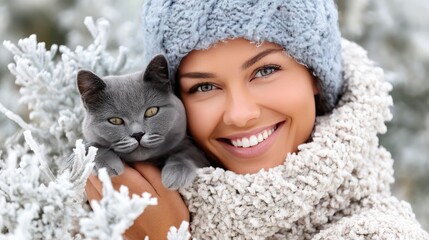 A young woman in a sweater smiles while holding a grey cat against a winter landscape filled with snow and trees