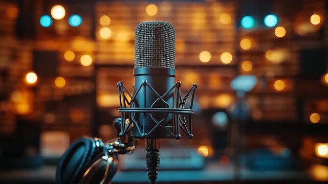 Professional studio condenser microphone on stand with warm gold bokeh lights, audio equipment for radio broadcast, music podcast, speech vlog and sound promo