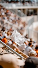 White flag hangs on a pole outside an empty stadium with a blurred crowd in the background, indicating the venue's readiness for events.