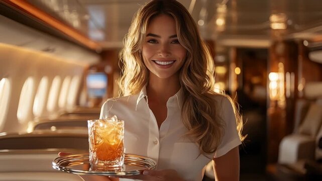 Beautiful flight attendant serving drink in luxury private jet cabin, smiling stewardess holding tray with cocktail for vip travel ad, airline commercial and first class promo
