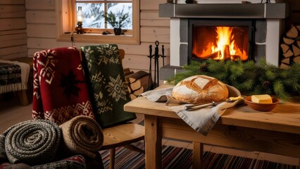 Scandinavian rustic cabin with wool blankets and pine wood details showcasing local cultural flavor interior