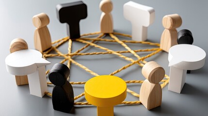 Wooden toy figures form a circle with yellow rope and speech bubbles to represent communication and connection among team members