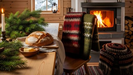 Rustic Scandinavian lodge decorated with wool blankets and pine textures creating warm hygge atmosphere