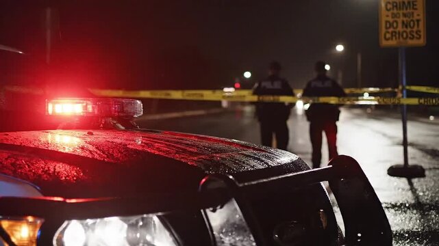police patrolling on crime scene investigation with patrol car with strobe lights