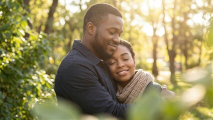 African American man hugging woman in sunny park. Couple bonding in nature. Love and relationship concept for Valentines day
