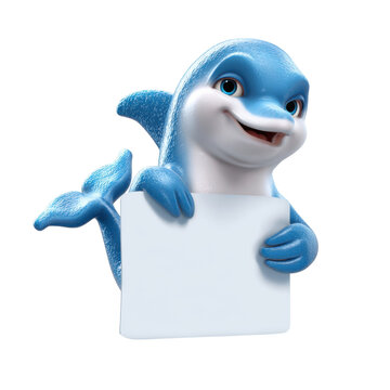 Cute cartoon dolphin holding blank sign