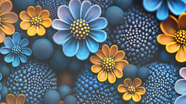 Moving over colorful abstract flowers with unique dotted texture, vibrant blue and orange floral background for spring holiday, fashion commercial, art vlog and nature promo