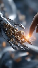 Businessman uses laptop while engaging with digital hologram of people in dark office space at night