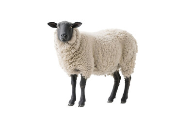 Fototapeta premium Full body shot of a sheep with thick white wool and black face