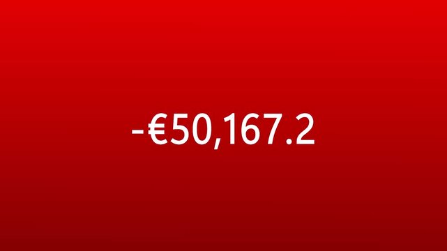 Rapidly increasing euro counterv with a negative sign animation on red background showing Financial loss and depletion of wealth