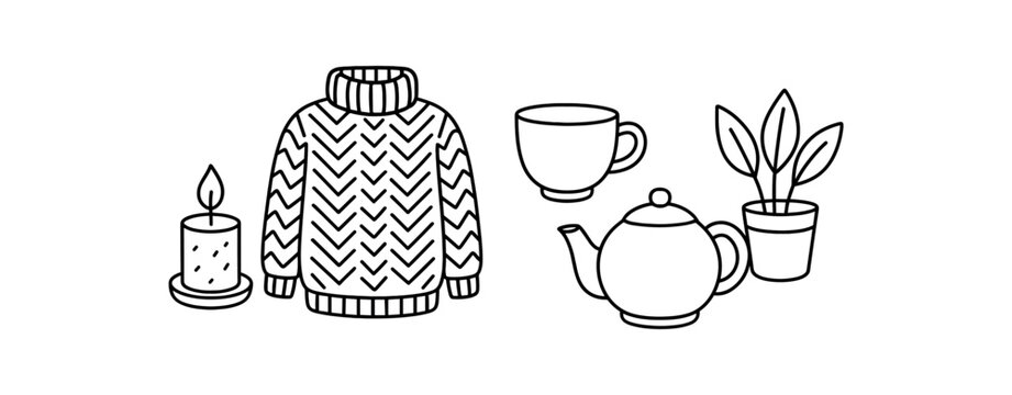 five cozy home items candle knitted sweater cup teapot and flower pot flat vector illustration clean black line art minimal detail no color white background isolated composition