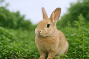 Alert Orange Rabbit Sitting in Green Clover Field, Surrounded by Nature in Springtime
