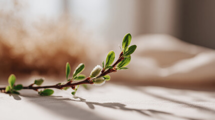 Soft sunlight falls across a budding twig with tiny green leaves and fuzzy catkins on pale fabric, airy macro detail with gentle shadows and space. Concept: springtime renewal visuals for wellness