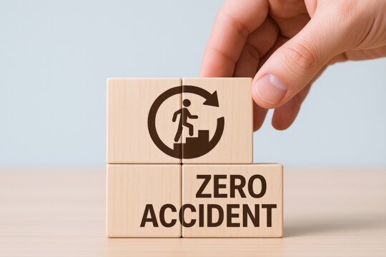 Safety First Concept: Hand Stacking Wooden Blocks with Accident Prevention Symbol for Workplace Health and Well-being