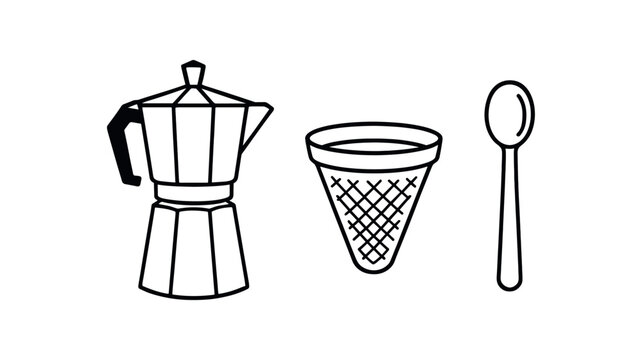 three zero waste coffee setup moka pot reusable coffee filter and metal scoop flat vector illustration clean black line art minimal detail no color white background isolated composition