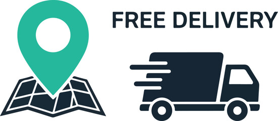 Free Delivery Icon with Map Pointer and Delivery Truck E-commerce and Shipping Concepts