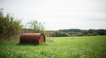 Obraz premium Rusty Barrel Abandoned in Field with Greenery, Under Cloudy Sky - Environmental Decay Concept