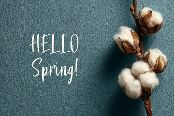 Cotton branch on teal paper with painterly grain sits beside playful hello spring lettering, calm negative space for seasonal headlines and ads. Concept: soft natural branding, eco packaging