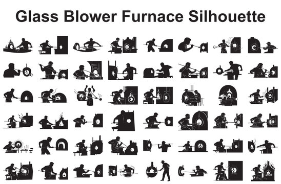 Glass blower furnace silhouette collection isolated on white background