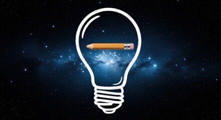 Fototapeta premium Creative Idea Generation: Pencil Inside a Light Bulb Against a Starry Night Sky