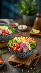 Colorful poke bowl with fresh ingredients, soft studio lighting, gourmet composition, blurred background, professional food photography style.