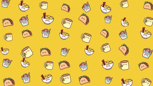 Delicious pattern featuring tacos, coffee, and mac n cheese. Perfect for food lovers and trendy graphic designs. Tasty food illustration.