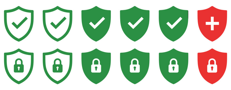 Shield security icon set, vector illustration featuring protection symbols, check mark, and lock signs, ideal for cybersecurity, user safety, verified access, business security