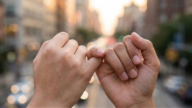 Man and woman making a pinky promise. Couple showing love, trust, and fidelity. Romantic gesture, friendship, and relationship concept
