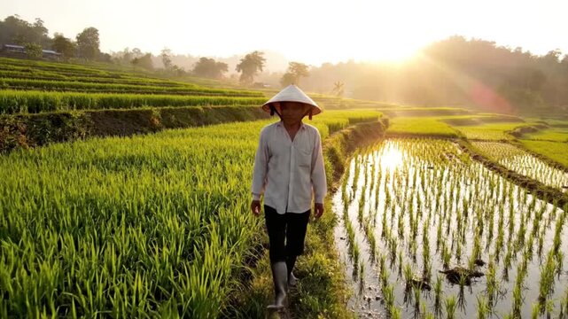 A hardworking asian farmer wearing a traditional conical hat inspects vibrant green rice seedlings growing in terraced flooded paddies during a golden sunset.