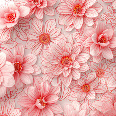 Red outlined pink flowers on white background