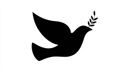 Silhouette of a dove carrying a branch in its beak on white.
