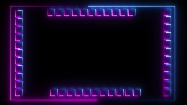 Neon line glowing frame and lines on black background. Glowing neon frame background animation, loop, seamless. Glowing neon line animation video. blue and pink color icon..