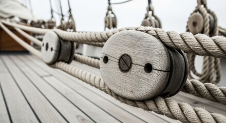 Close-up of a Wooden Block and Tackle System on an Old Sailing Vessel's Deck